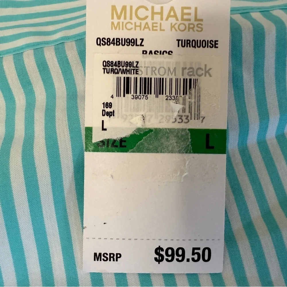 Michael Kors Turquoise White Stripe Off Shoulder Shirt Top Blouse Large NEW 1416